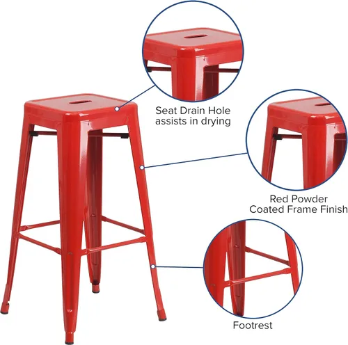 Miniatura 7 de Flash Furniture Lily - Juego de 4 taburetes de bar de metal rojo sin respaldo de 30 pulgadas de alto grado comercial para interiores y exteriores