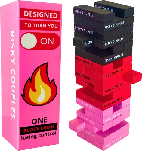 RISKY COUPLES Juego de torre apilable | 54 desafíos picantes y románticos para tu pareja | Juego de torre de bloques de madera para parejas |