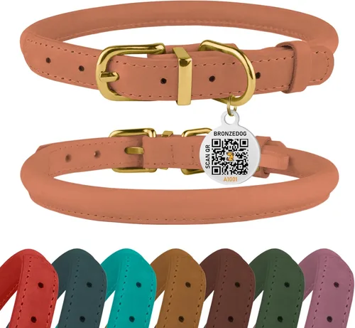 Miniatura 8 de Collar de cuero enrollado, redondo, suave y ajustable con placa de identificación por QR para perro pequeño, mediano y grande, cachorro y gato Rosa