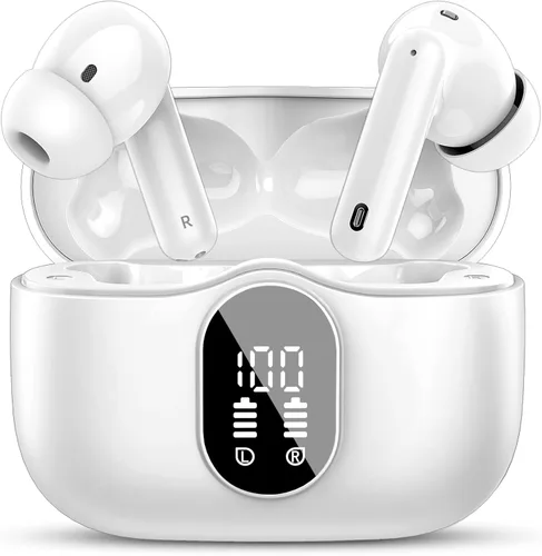 Auriculares inalámbricos, Bluetooth 5.4, estéreo de bajos, auriculares con micrófono con cancelación de ruido, pantalla LED en el oído, llamadas