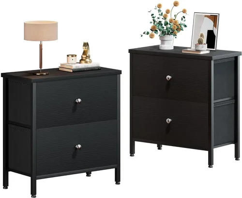 Miniatura 10 de BOLUO Mesita de noche negra cómoda de 2 cajones para dormitorio, mesita de noche pequeña mesa auxiliar con cajones de tela, moderna