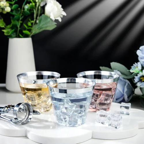 Miniatura 2 de I00000 200 piezas de vasos de plástico desechables plateados de 9 onzas, vasos de plástico transparentes de 9 onzas, vasos estilo antiguo de borde