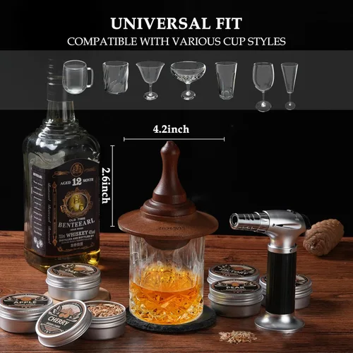 Miniatura 3 de Kit ahumador para whisky con antorcha - 6 sabores de astillas de madera, 2 vasos, 6 piedras para whisky, kit infusor para ahumar cócteles, kit Ébano