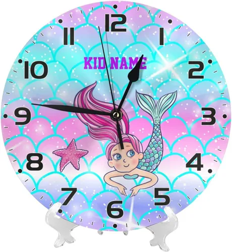 Miniatura 2 de Reloj de pared personalizado con escamas de sirena coloridas y estrellas de mar para habitación de niños, reloj de pared personalizado con nombre
