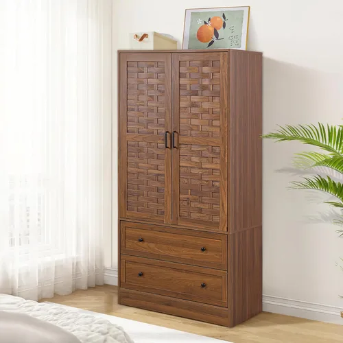Miniatura 8 de LEVNARY Armario con 2 puertas tejidas, armario con 2 cajones de almacenamiento y riel para colgar, armario de madera independiente para dormitorio