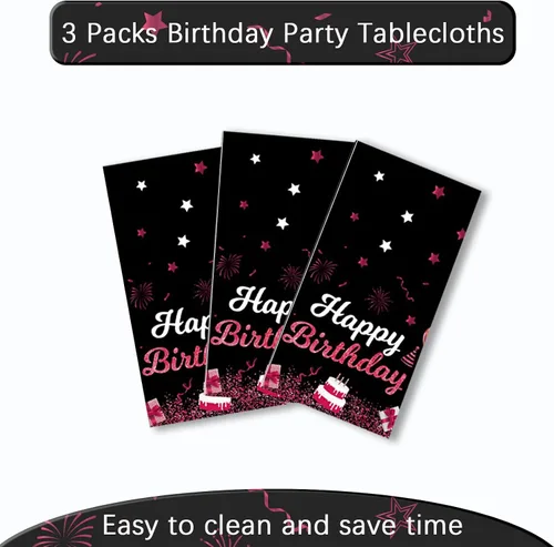 Miniatura 4 de MRJ Black Party Supplies - Paquete de 3 manteles de feliz cumpleaños con estrellas rosas y negras, decoraciones perfectas para fiestas de cumpleaños
