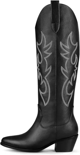 Miniatura 9 de Ouepiano - Botas vaqueras blancas para mujer, botas con longitud hasta la rodilla, tacón grueso y puntera puntiaguda, sin cordones, pantorrilla