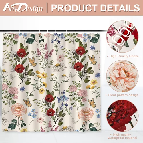Miniatura 3 de AnyDesign Cortina de ducha de flores silvestres de 72 x 72 pulgadas, cortina de ducha de tela de mariposa retro con 12 ganchos, cortinas de baño