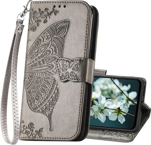 Miniatura 8 de Funda para teléfono Galaxy A14 5G, cartera con tapa para mujer, de piel sintética en relieve de mariposa con tarjeteros de crédito, correa de Lavanda