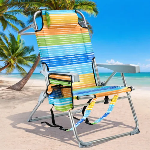 Miniatura 10 de GVDV Sillas de playa tipo mochila para adultos, silla plegable plana portátil con portavasos y toalleros, silla reclinable ajustable de 4 posiciones