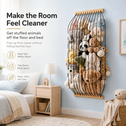 Miniatura 6 de Organizador de madera para almacenamiento de animales de peluche, para habitación de niños, lindo y duradero para pared o puerta, longitud Negro
