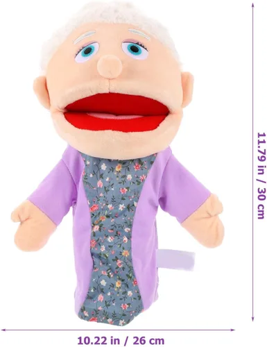 Miniatura 6 de Marioneta de mano para abuela, figura de miembro de la familia con boca móvil, marioneta de mano de felpa, juguetes de simulación, accesorios