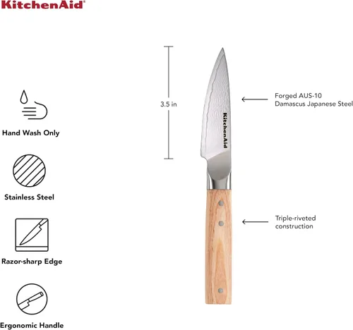 Miniatura 6 de KitchenAid Cuchillo de pelar forjado de 3.5 pulgadas de alta calidad, hoja de acero de damasco AUS-10, mango de madera de Pakka con triple remache