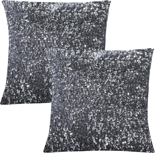 LIGICKY Juego de 2 fundas de almohada de lentejuelas brillantes de color gris plateado, fundas de cojín cuadradas decorativas doradas metálicas para