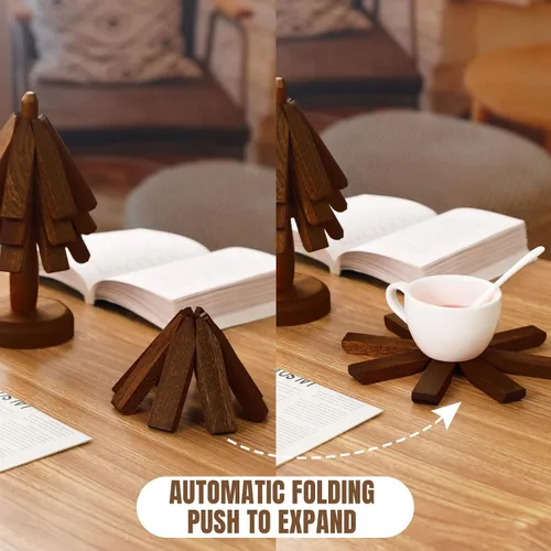 Miniatura 5 de Suzile Juego de 2 salvamanteles de madera para platos calientes, juego de salvamanteles con forma de árbol, 6 salvamanteles de madera + 2 soportes