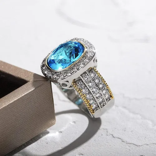Miniatura 5 de Anillo de plata de ley 925 brillante con piedras preciosas de diamante completo, anillos de circonita cúbica azul, anillo de múltiples filas, anillo