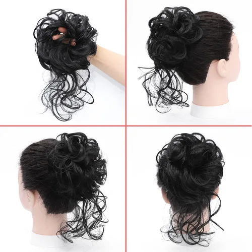 Miniatura 2 de KETHBE Moño desordenado, extensión de moños de pelo despeinado, banda elástica para el cabello, moño rizado para mujeres (negro)