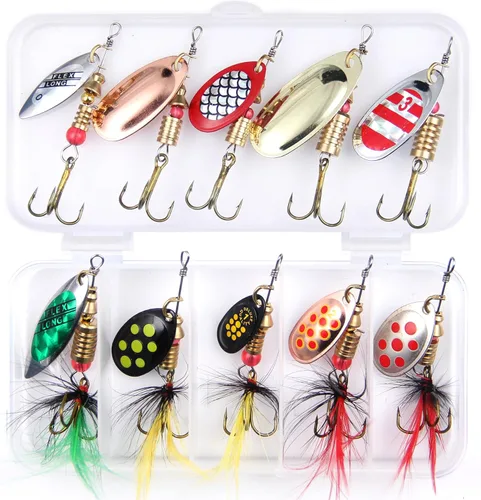 EXAURAFELIS 10/30 piezas Señuelo de pesca Spinnerbait con Ganchos Triples Plumados Señuelos de Cola de Gallo Señuelos de Cuchara para Lubina Salmón