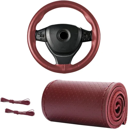 Miniatura 13 de Funda de Volante de Cuero Genuino, 15 Pulgadas, Transpirable, Funda de Volante Envolvente con Costura, Protector de Costura DIY Antideslizante