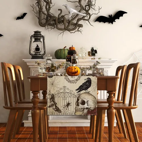 Miniatura 4 de Camino de mesa retro de Halloween, mantel gótico de calavera para Halloween, decoración de calavera y rosas, decoración de Halloween y suministros