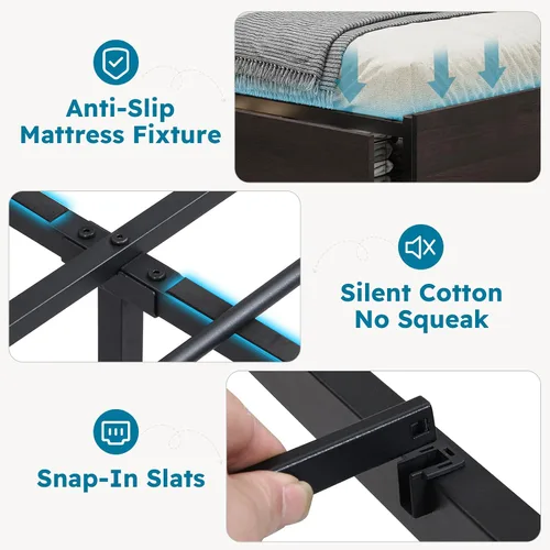 Miniatura 7 de Kiivakii Estructura de cama tamaño completo con cabecero, cama plataforma LED con 4 cajones de almacenamiento, estación de carga integrada, sin Negro