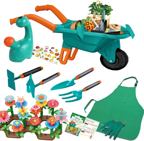 Qtioucp 16 piezas de herramientas de jardinería para niños, juego de juguetes al aire libre con 93 piezas de bricolaje para jardín de flores, Verde
