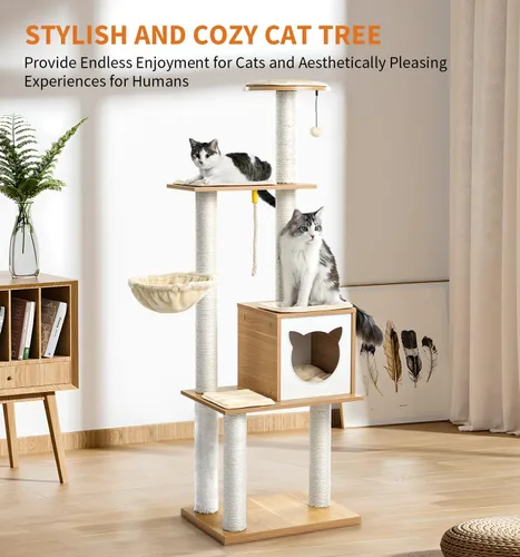 Miniatura 9 de Made4Pets - Árbol para gatos, torre moderna para gatos de interior, condominio de madera de 65 pulgadas de alto con hamaca, poste rascador