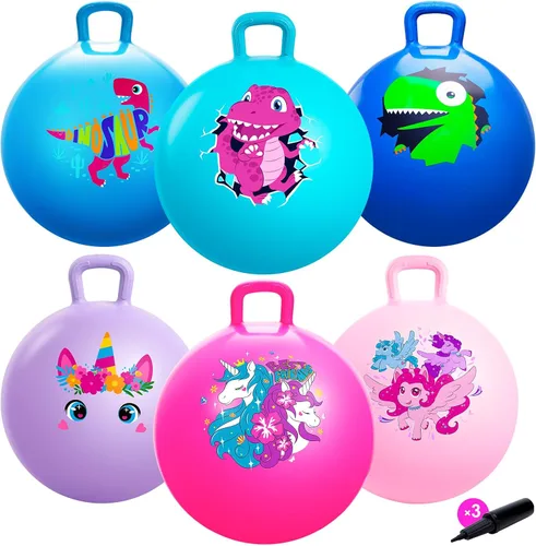 ZOOJOY 6 pelotas saltarinas para niños de 3 a 8 años, pelota hinchable de 18 pulgadas de dinosaurio y unicornio con asas, juguetes saltarines para