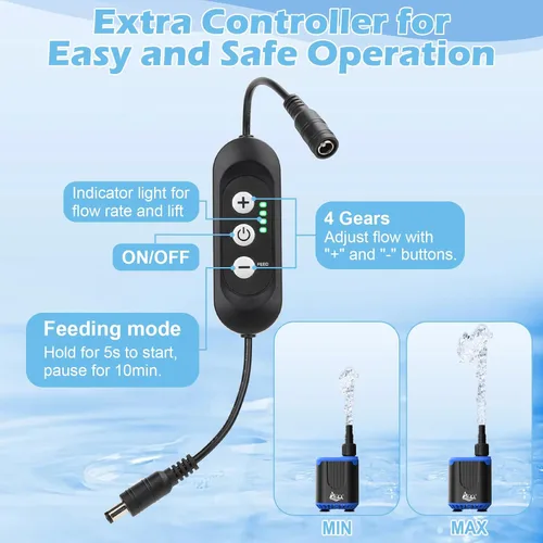 Miniatura 3 de AQQA Bomba de agua de acuario DC con controlador, 4 caudales ajustables, modo de alimentación, bomba sumergible IP68 silenciosa para tanque