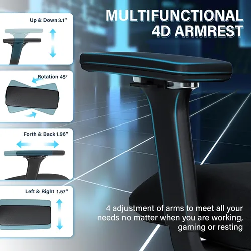 Miniatura 9 de Silla de oficina ergonómica de malla con reposapiés retráctil, silla de computadora de respaldo alto con soporte lumbar, reposabrazos ajustables