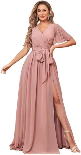 Vestidos de dama de honor con cuello en V y mangas con vuelo, para boda, vestido largo de gasa formal con bolsillos