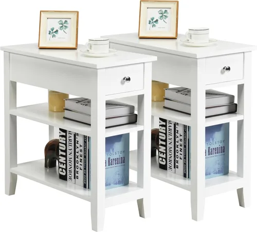 Miniatura 10 de KOTEK Mesa auxiliar con cajón y estante de almacenamiento abierto, mesa auxiliar estrecha, mesita de noche delgada, mesita de noche de 3 niveles