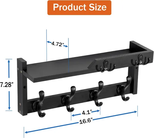 Miniatura 6 de dreampossible Perchero de pared con estante, perchero de pared con ganchos para llaves y soporte para correo, estante flotante de entrada de madera