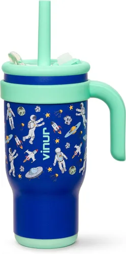 Miniatura 37 de VINUR Vaso para niños con asa - 14 oz de acero inoxidable con aislamiento al vacío de doble pared con tapa y pajita, vaso de agua de viaje