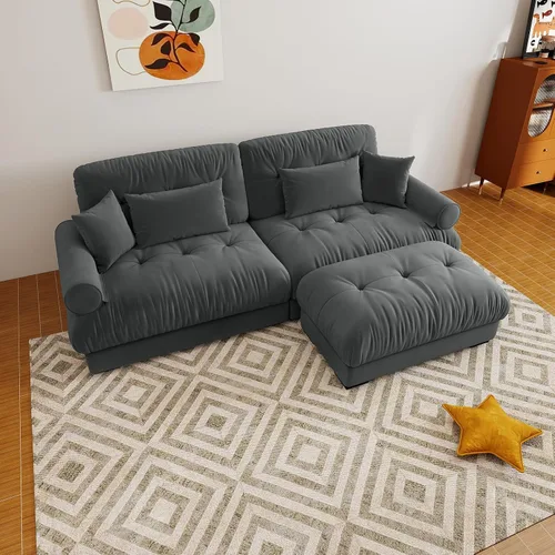 Miniatura 89 de Sofá modular de gran tamaño de 94 pulgadas, sofás seccionales grandes de color beige y blanco para sala de estar, juego de sofá de terciopelo, sofás