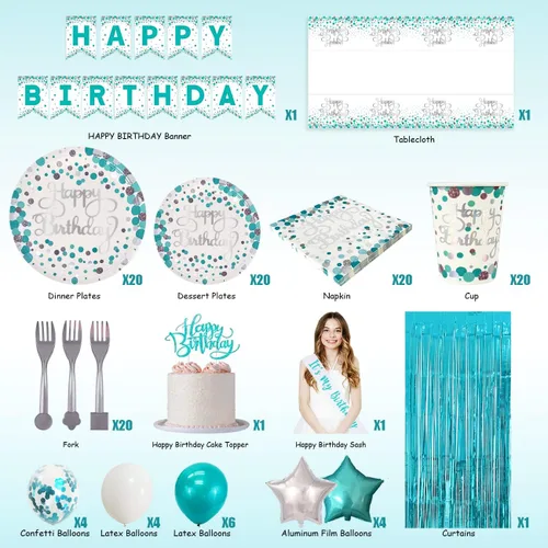 Miniatura 2 de ssailue decor Suministros de fiesta de cumpleaños azul turquesa para 20 invitados: platos, vasos, servilletas, globos, pancarta, banda, adorno
