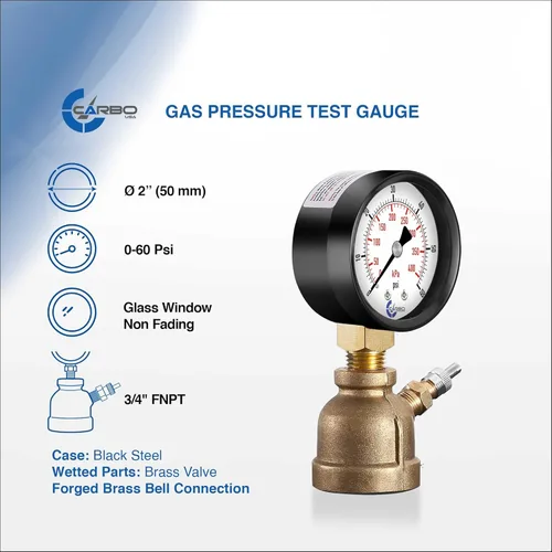 Miniatura 2 de Manómetro de Presión de Prueba de Gas 60 Libras, 60 PSI / 400 kPa, Conexión FNPT de 3/4", Válvula de Latón, Ensamble de Cuerpo con Forma de Campana