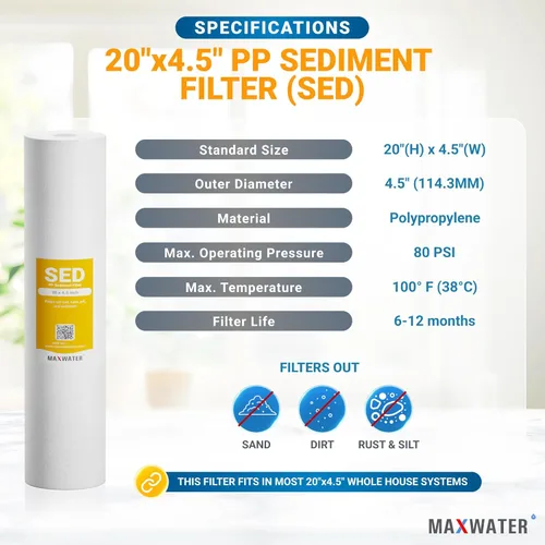 Miniatura 2 de Max Water Filtro de sedimentos de 1 micrón, 20 x 4.5, cartucho de repuesto para sistema de filtración de agua BB para toda la casa compatible