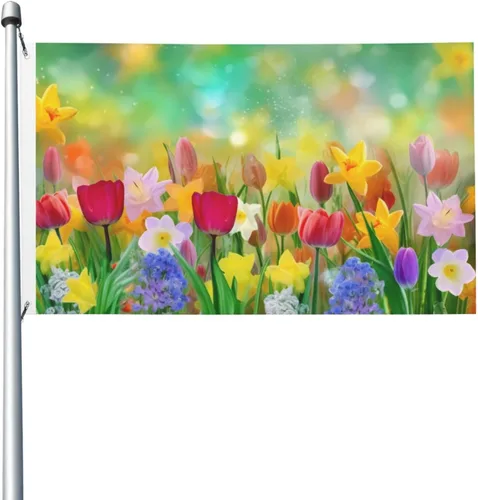 Miniatura 2 de Bandera floral colorida de verano de 3 x 5 pies, doble cara exterior, pancarta grande para exteriores, lavanda de doble costura, tulipanes colgantes