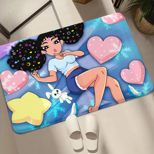 Miniatura 5 de Alfombra de área para dormitorio de niñas negras africanas, alfombra para sala de estar, sala de juegos, azul, lindo anime de dibujos animados