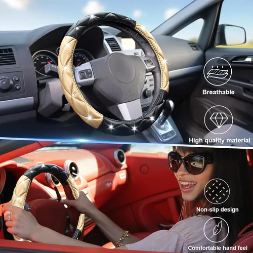 Miniatura 2 de SuperKaKa Funda para Volante Negra y Dorada, Cubierta de Volante de Auto Linda con Diamantes de Imitación Brillantes de Cuero Suave y Cómodo