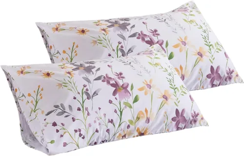 Miniatura 7 de QSH Juego de 2 fundas de almohada 100% de algodón egipcio con estampado botánico de flores amarillas, fundas de cama de lujo con cierre de sobre