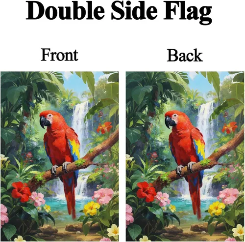 Miniatura 2 de Bandera de jardín con diseño de pájaros, loro y guacamayo, flores en verano, primavera, bosque tropical, jardín, patio, 12 x 18 pulgadas, banderas