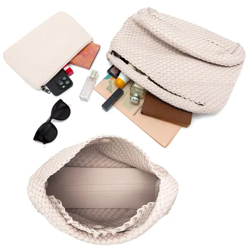 Miniatura 4 de PS PETITE SIMONE Bolso de mano tejido para mujer, bolso grande tejido de cuero, bolso trenzado, bolso tejido color avellana, A-Cremy blanco