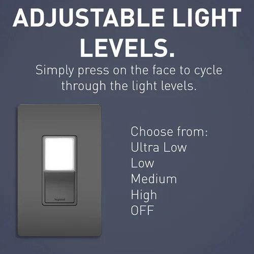 Miniatura 4 de Legrand Radiant Combination - Interruptor basculante de luz nocturna LED ajustable, 3 vías para pasillo, dormitorio, 5 niveles de luz, NTL873BKCC6