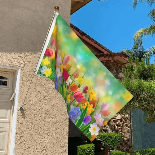 Miniatura 6 de Bandera floral colorida de verano de 3 x 5 pies, doble cara exterior, pancarta grande para exteriores, lavanda de doble costura, tulipanes colgantes