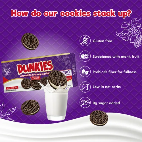 Miniatura 6 de Galletas de sándwich de chocolate keto ChocZero con crema - Galletas Dunkies bajas en azúcar y sin gluten (1 caja, 9 oz)