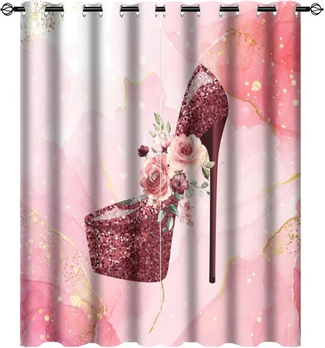 Abstraction - Cortinas de tacón alto para dormitorio, color rosa, estampado de flores, de mármol, con estampado de zapatos, aislamiento térmico,