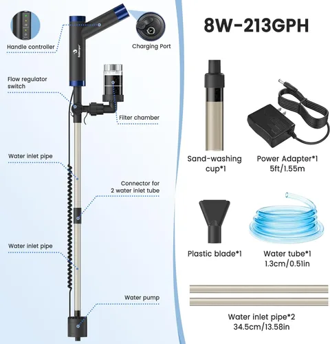 Miniatura 7 de fishkeeper Limpiador eléctrico para peceras – Herramientas de limpieza de acuarios recargables de 8 W con aspiradora de grava, cambiador de agua