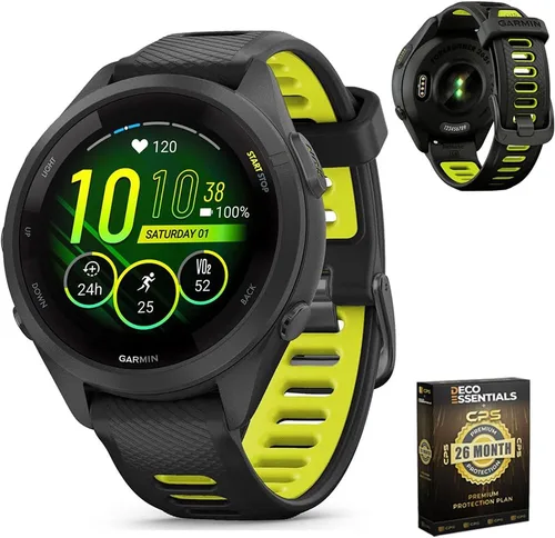 Garmin 010-02810-03 Forerunner 265S Reloj inteligente GPS Negro/Amp Amarillo Bundle con Deco Essentials Exclusivo 26 Meses CPS Paquete de Protección
